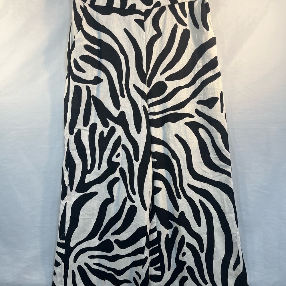 Rachel Zoe Zebra Print Trousers Cropped Wide Legs White Black Linen Blend Sz Md